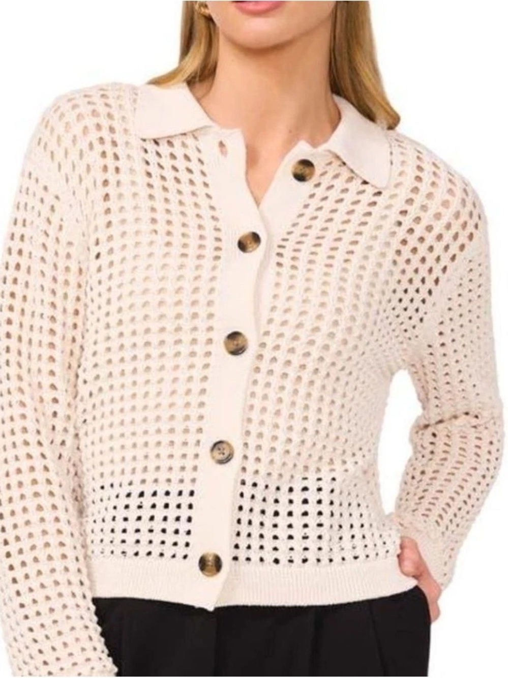 H&M - Cream Ivory Open Knit Button Down Lightweight Long Sleeve Cardigan Size XS
